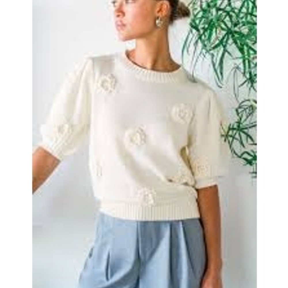 Nwt Joie Floral Applique Short Sleeve Sweater Top